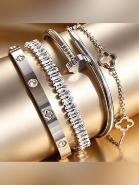 Silver Tone Women's Bracelet Set with Crystal Tennis and Nail Accents